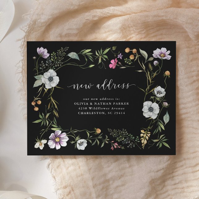 Dark Botanical Wildflowers | Moving Announcement Postcard (A trendy wildflower change of address postcard with a dark background)