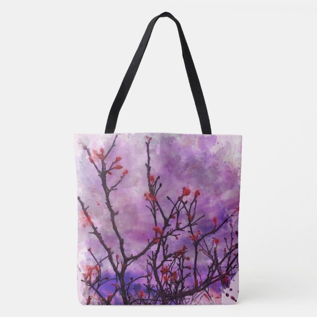 Dark Branches With Red Buds Watercolor Tote Bag (Front)