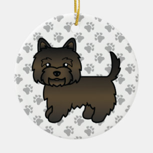 Dark Brindle Cairn Terrier Dog Illustration & Paws Ceramic Tree Decoration