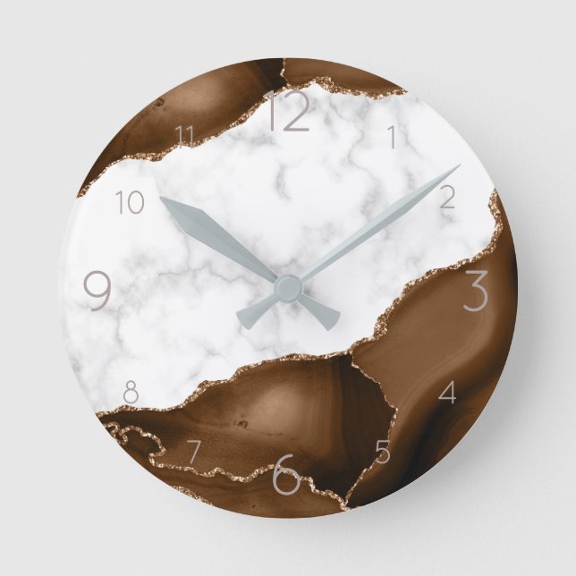Dark Brown Agate with Gold Glitter Veins on Marble Round Clock (Front)