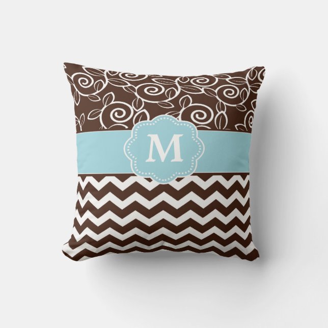 Dark Brown and Light Blue Chevron Monogram Cushion (Front)