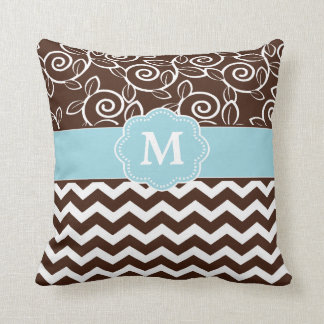 Dark Brown and Light Blue Chevron Monogram Cushion