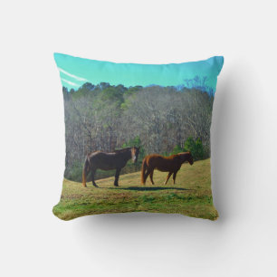 Dark Brown and light Brown horses tel sky Cushion