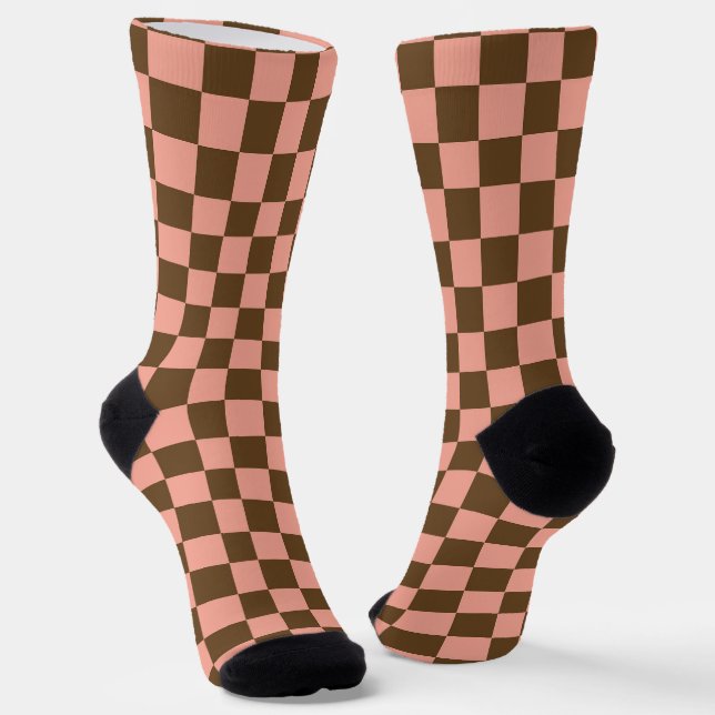 Dark Brown and Light Pink Chequerboard Socks (Angled)