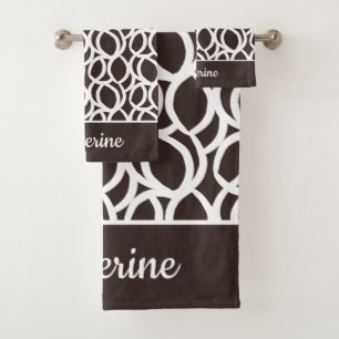Dark Brown and White Abstract Pattern Custom Name Bath Towel Set