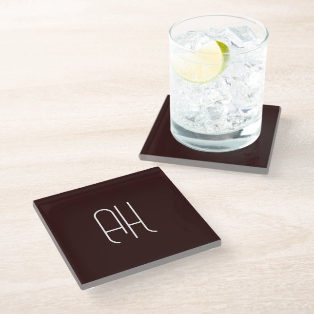 Dark brown and white custom initials simple glass coaster (Angled)