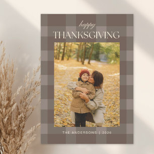 Dark Brown Autumn Plaid Happy Thanksgiving Photo Holiday Card