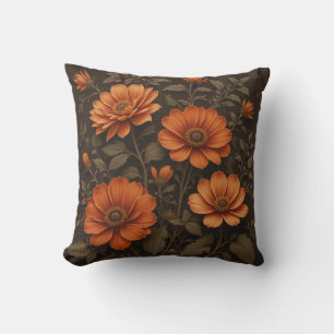 Dark brown background and burnt orange flowers cushion