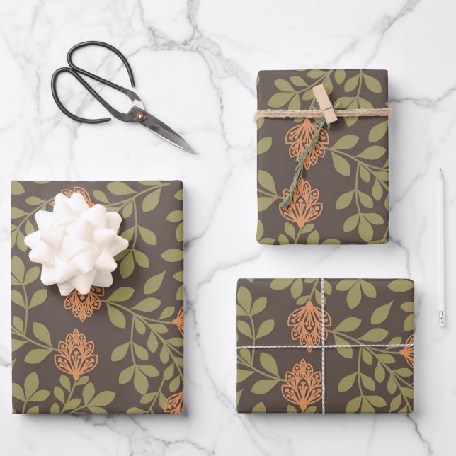 Dark Brown Background with Vibrant Floral Patterns Wrapping Paper Sheet (Front)