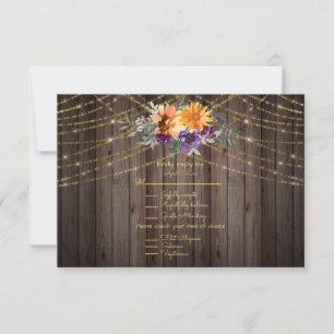 Dark Brown Barnboard String Lights Sunflowers RSVP Card