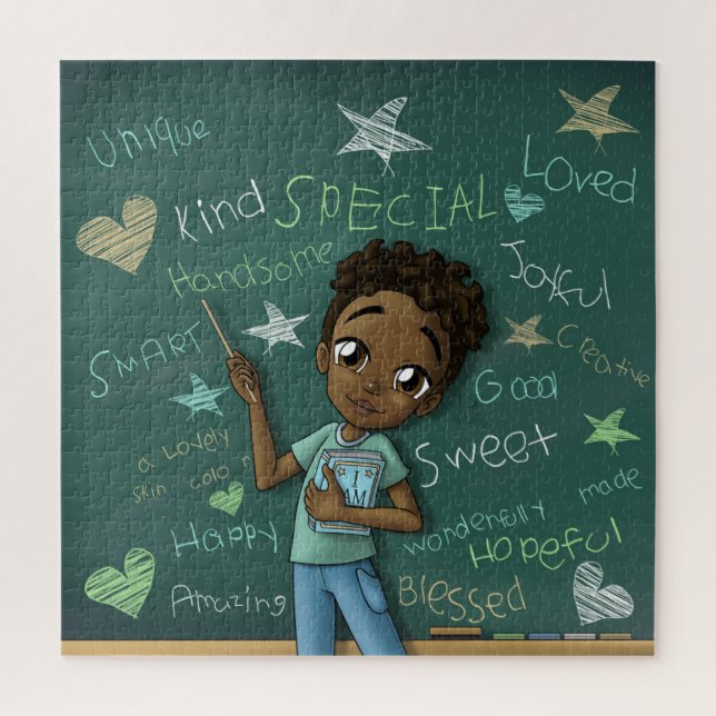 Dark Brown Boy and Positive Words Puzzle (Vertical)
