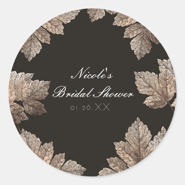 Dark Brown & Bronze Leaves Rustic Fall Favour Classic Round Sticker (Front)