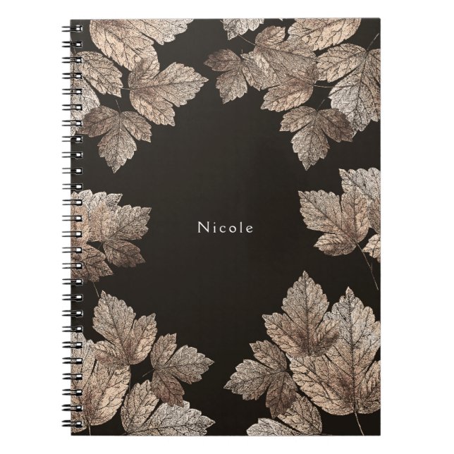 Dark Brown & Bronze Leaves Rustic Glam Custom Spiral Notebook (Front)