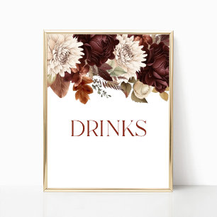 Dark Brown Burgundy Floral Drinks Party Sign