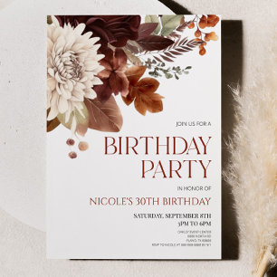 Dark Brown Burgundy Floral Flower Birthday Party Invitation