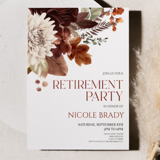 Dark Brown Burgundy Floral Flower Retirement Party Invitation (Creator Uploaded)