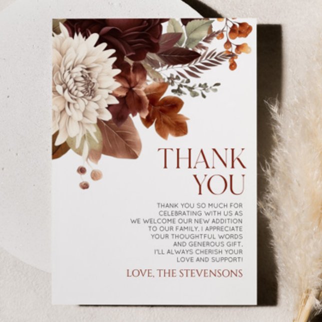 Dark Brown Burgundy Floral Flowers Baby Shower Thank You Card (Creator Uploaded)