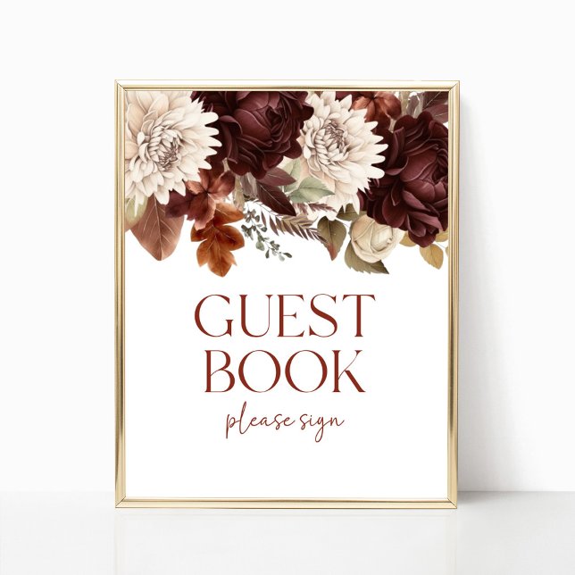Dark Brown Burgundy Floral Guest Book Party Sign (Creator Uploaded)