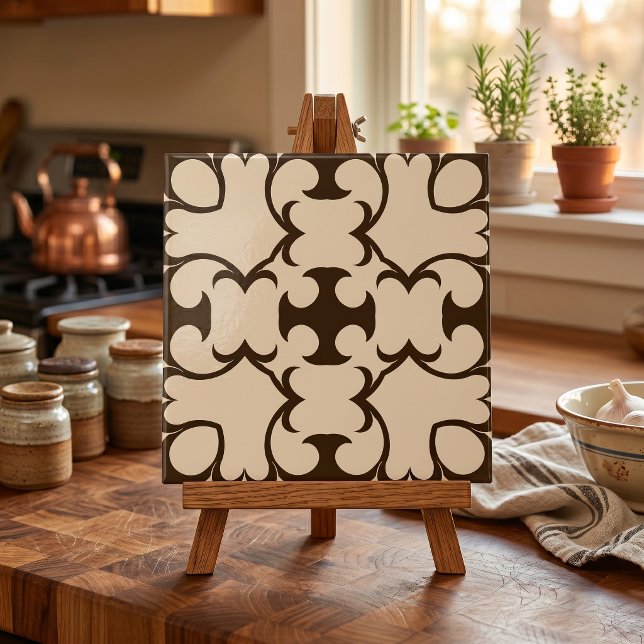 Dark Brown Cream Moroccan Geometric Damask Pattern Tile (Creator Uploaded)