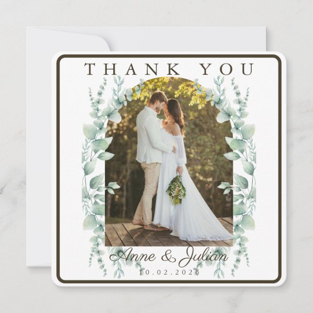 Dark Brown Eucalypthus leaves Wedding W/ 2 photos Thank You Card (Front)