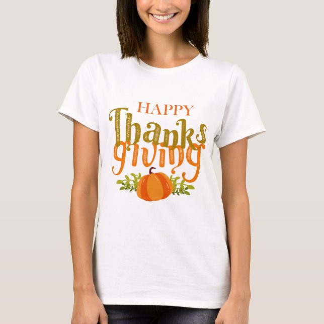Dark Brown Fall Happy Thanksgiving Yellow Pumpkin T-Shirt (Front)