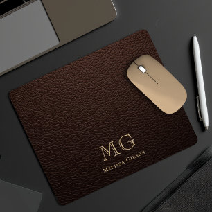 Dark Brown Faux Leather Gold Initials Mouse Pad