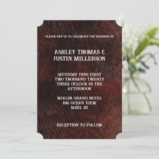 Dark Brown Faux Leather Wedding Invitation (Standing Front)
