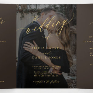 Dark brown gold modern QR code RSVP photo wedding Tri-Fold Invitation