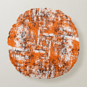 Dark brown grunge background. Black white orange o Round Cushion