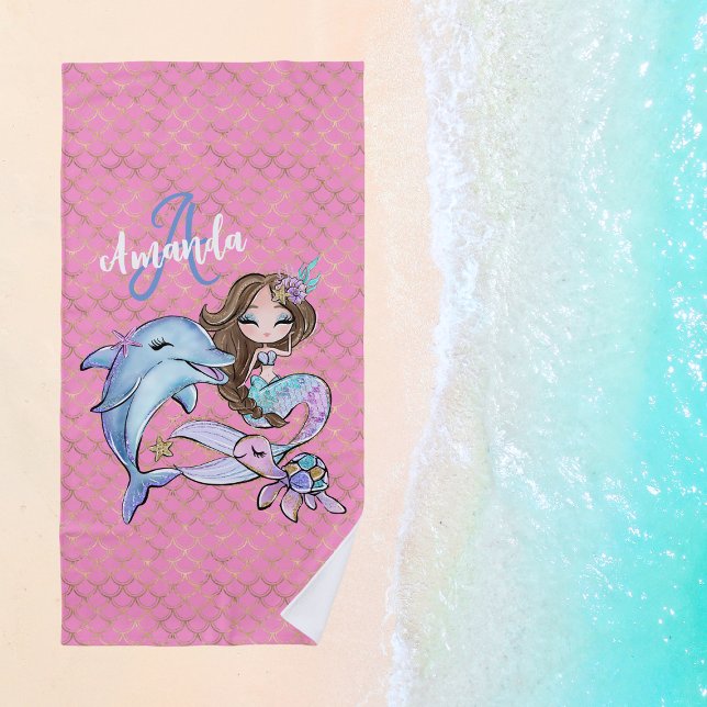 Dark Brown Hair Mermaid Custom Name Girl Pink Beach Towel (Dark Brown Hair Mermaid Custom Name Girl Pink Beach Towel
)