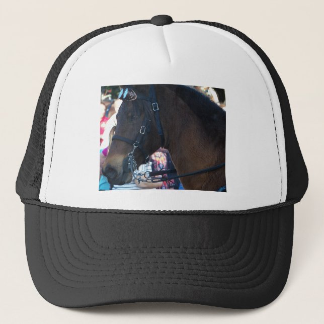 Dark Brown horse wearing goggles Trucker Hat (Front)