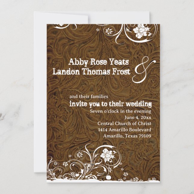 Dark Brown Leather Lace Wedding Invitation (Front)