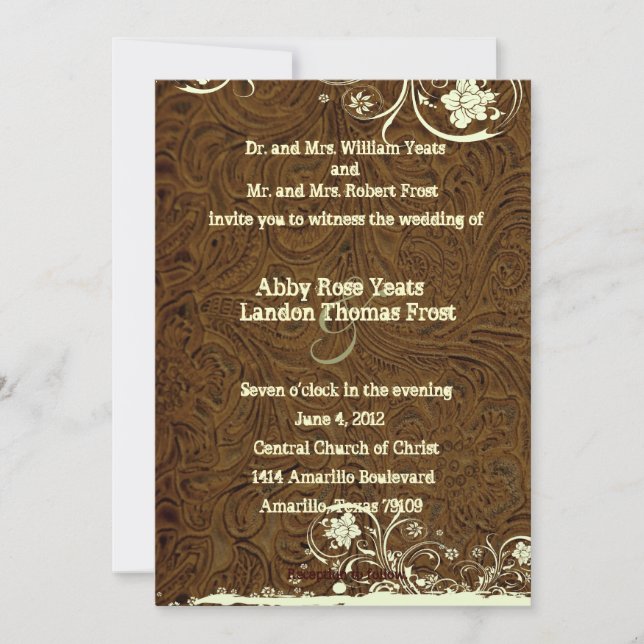 Dark Brown Leather Lace Wedding Invitation (Front)