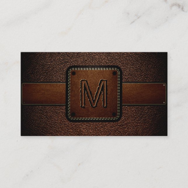 Dark Brown Leather Look Brown Monogram Business Card (Front)