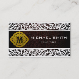 Dark Brown Leather White Damask Border Business Card