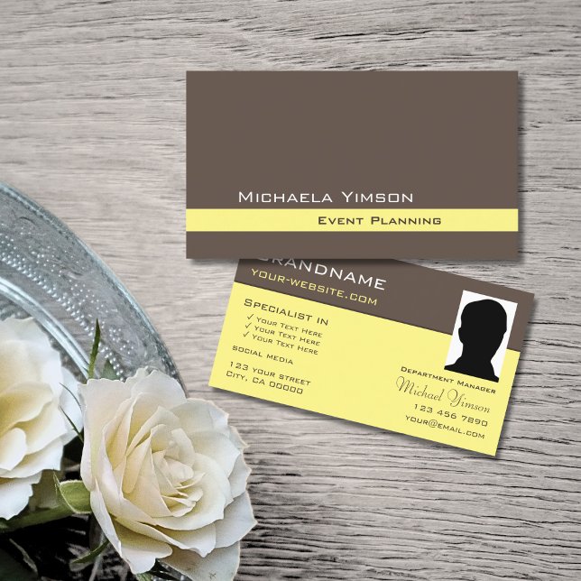 Dark Brown Light Yellow with Photo Professional Business Card (Creator Uploaded)