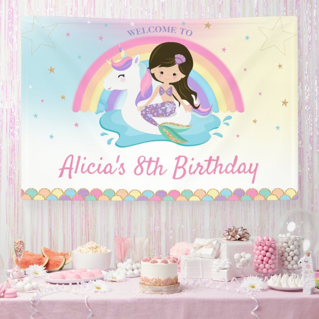 Dark Brown Mermaid Unicorn Pool Birthday Welcome  Banner (Party)