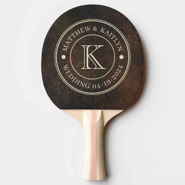 Dark Brown Monazite Stone Wedding Monogram Ping Pong Paddle (Back)