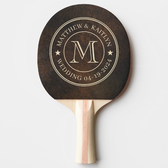 Dark Brown Monazite Stone Wedding Monogram Star Ping Pong Paddle (Front)