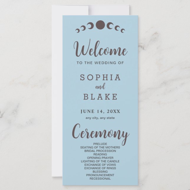 Dark Brown Moon Phases Blue Wedding Program (Front)