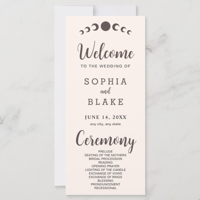 Dark Brown Moon Phases Seashell Wedding Program (Front)
