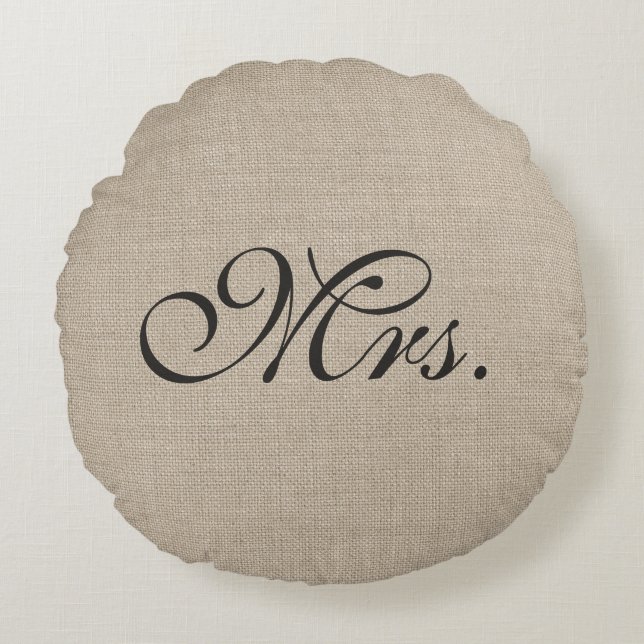 Dark Brown Mrs. Burlap Round Throw Pillow (Front)