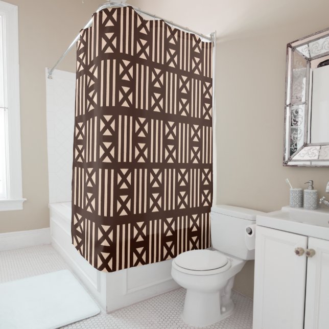 Dark Brown MudCloth Inspired Tile Tiling Cross Shower Curtain (In Situ)