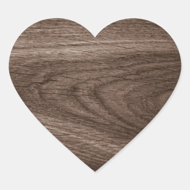 Dark brown oak wood grain image heart shaped heart sticker (Front)