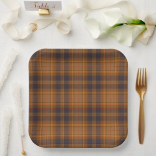 Dark Brown   Orange Tartan Plaid Paper Plate