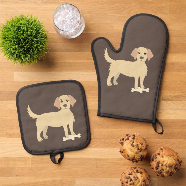 Dark Brown Oven Mitt & Pot Holder with Yellow Lab  Set (Top Down)