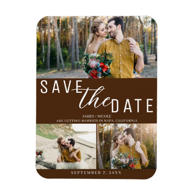 Dark Brown Save the Date Wedding 3 Photos Magnet (Vertical)