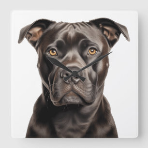 DARK BROWN STAFFORDSHIRE BULL TERRIER DOG SQUARE WALL CLOCK