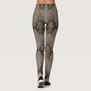 Dark Brown, Taupe Damask Scroll  "Burnout Look" Leggings
