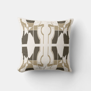 Dark Brown Taupe on White Curved Symmetrical Motif Cushion
